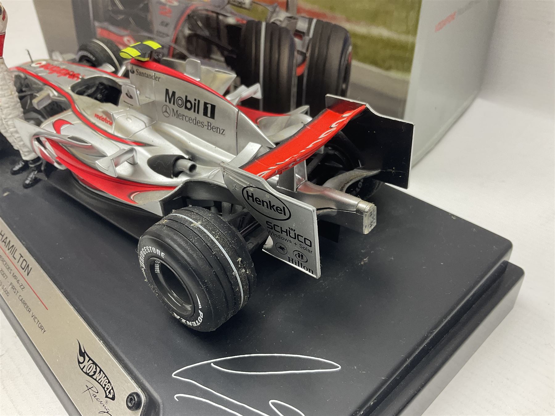 Mattel Hot Wheels 1:18 scale die-cast racing car - Vodaphone McLaren Mercedes; boxed with stand