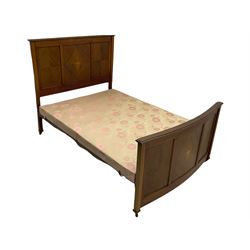 Edwardian inlaid mahogany 4' 6'' double bedstead, straight panelled head board and curved footboard, inlaid with urn and scroll motifs, with irons and box base