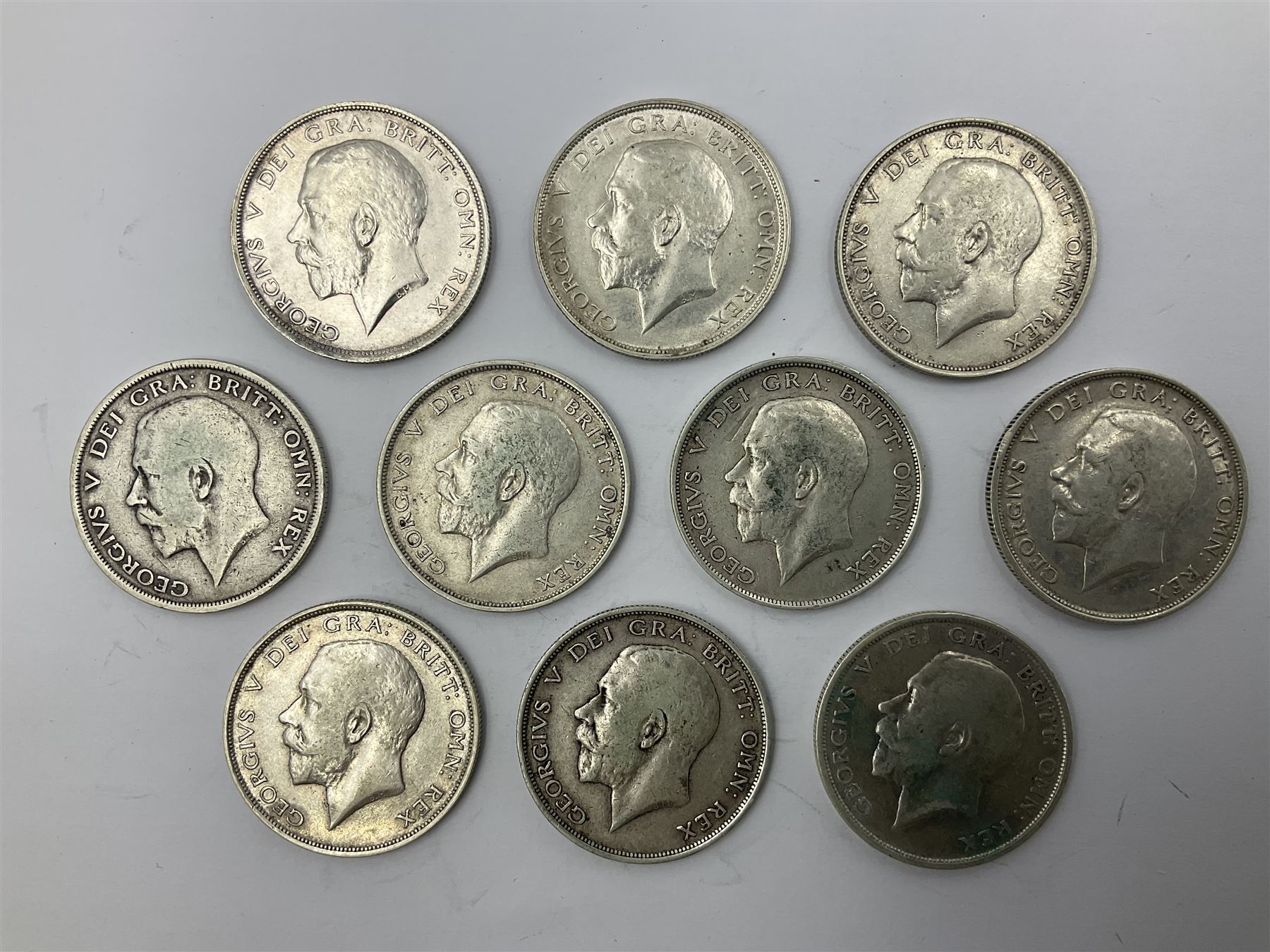 Ten King George V 1914 silver half crown coins