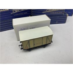 Hornby Dublo - nineteen goods wagons comprising 32040 Goods Van D1 (SR) in LMS stickered box, DR375 Goods Van D1 (GW), D303 Open Goods Wagon D1 (GW), 32044, 32076, 32052, 32021, 32074, 32056, 32065, DR379, 32070, 32020, DR373, two x 32075, High Sided Wagon D2 (LMS) in NE stickered box; all boxed; Tank Wagon D1 (Esso) and DR380 Meat Van D1; both in later unassociated boxes (19)