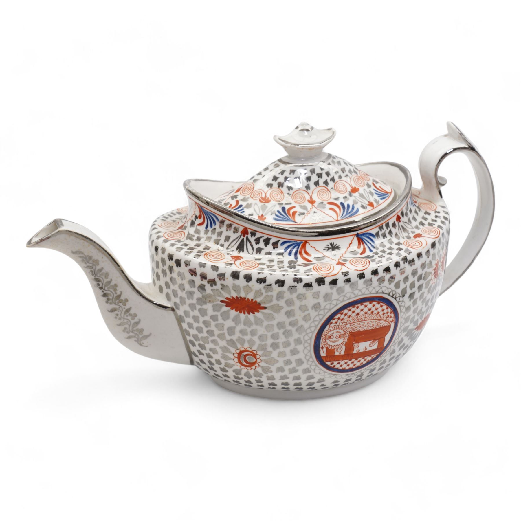 Two porcelain trios by James Bell, Glasgow, each painted with panels of Scottish landscapes, within gilt borders on pink ground, Newhall bute shape teacup, decorated in the Mother and Child pattern, Thomas Wolfe silver lustre teapot and circular dish, together with a Derby cup and saucer 