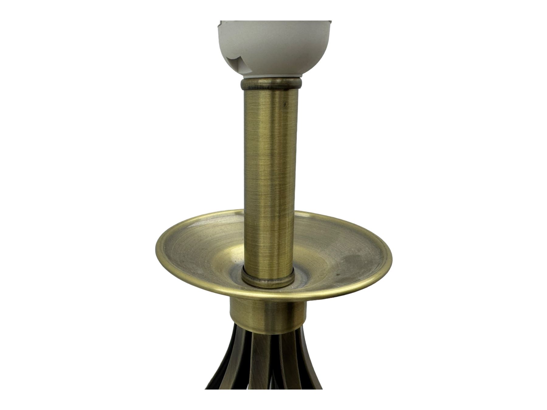 Contemporary brushed metal standard lamp, brass effect with cylindrical stem, on circular base, H131cm; matching table lamp, H35cm (2)