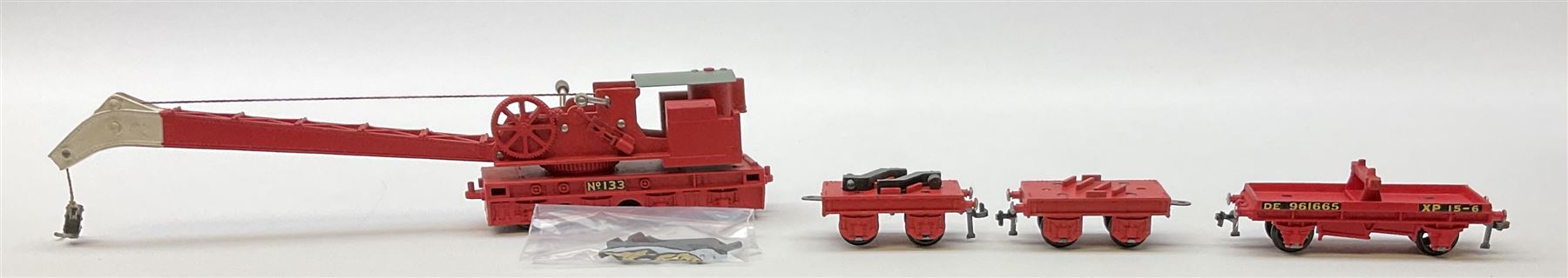 Hornby Dublo - Breakdown Crane No.4062 with screw jacks in plain red box with end label; D1 Girder Bridge, boxed; and T.P.O. Mail Van Set, boxed with mail bags (3)