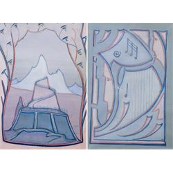 Hirst Walker (British 1868-1957): Surreal Landscape Scene and Harp, pair watercolours sign...