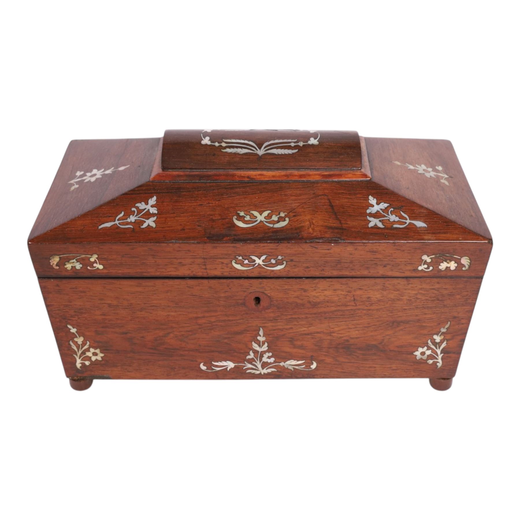 Victorian mother of pearl inlaid rosewood sarcophagus-shaped tea caddy, together with a brass bound writing slope and one other 