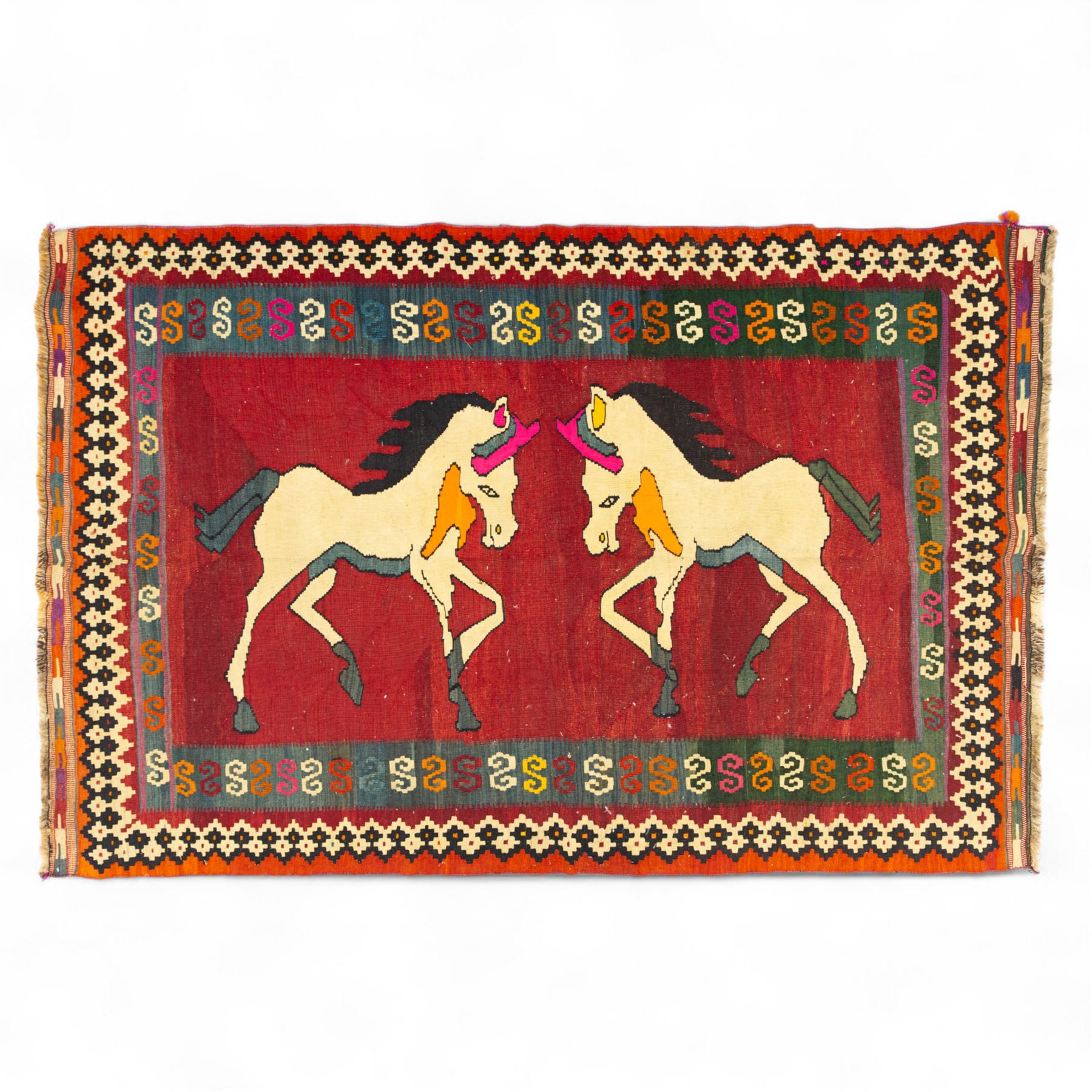 Southwest Persian Qashqai kilim, flatwoven wool with central pictorial design of mirrored horses on a red ground, framed by multicoloured motifs and stepped ivory border, vibrant palette throughout
