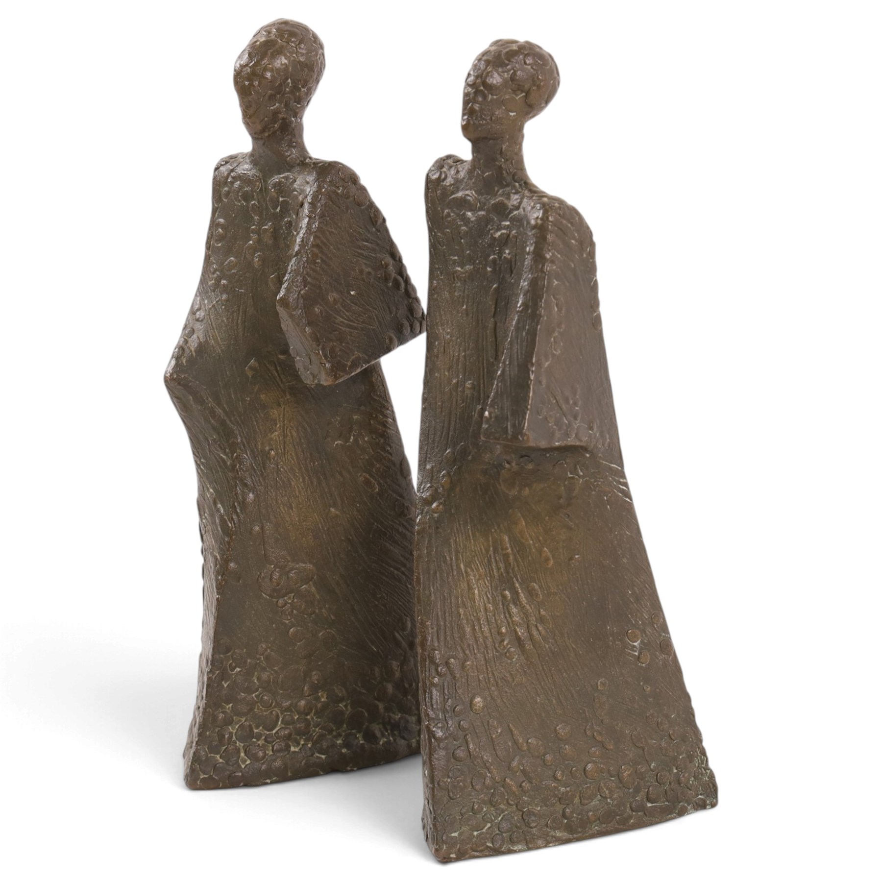 Manner of Antoinette Ruiter (Dutch 1946-) - pair of bronze sculptures depicting brutalist-style figures, with textured surface, H26cm (2)