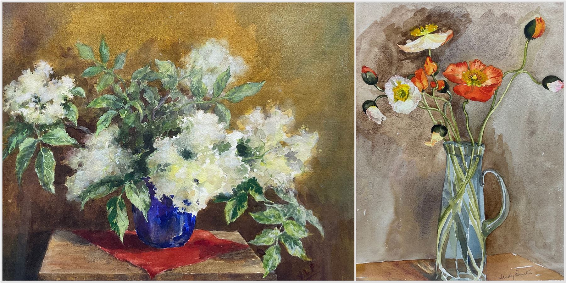 Victoria Louise French (British 20th Century): 'Elderflower in Vase', watercolour signed, titled and dated 1972 verso 28cm x 38cm; Judy Smith (British 20th Century): Poppies Blooming, watercolour signed 39cm x 29cm