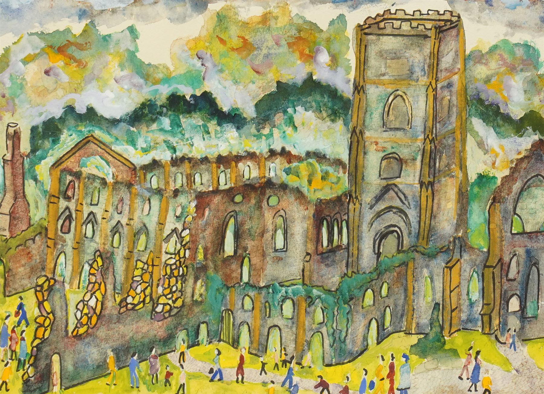 Lois Bygrave (Northern British 1915-1996): Fountains Abbey, watercolour and ink attributed verso 24cm x 33cm