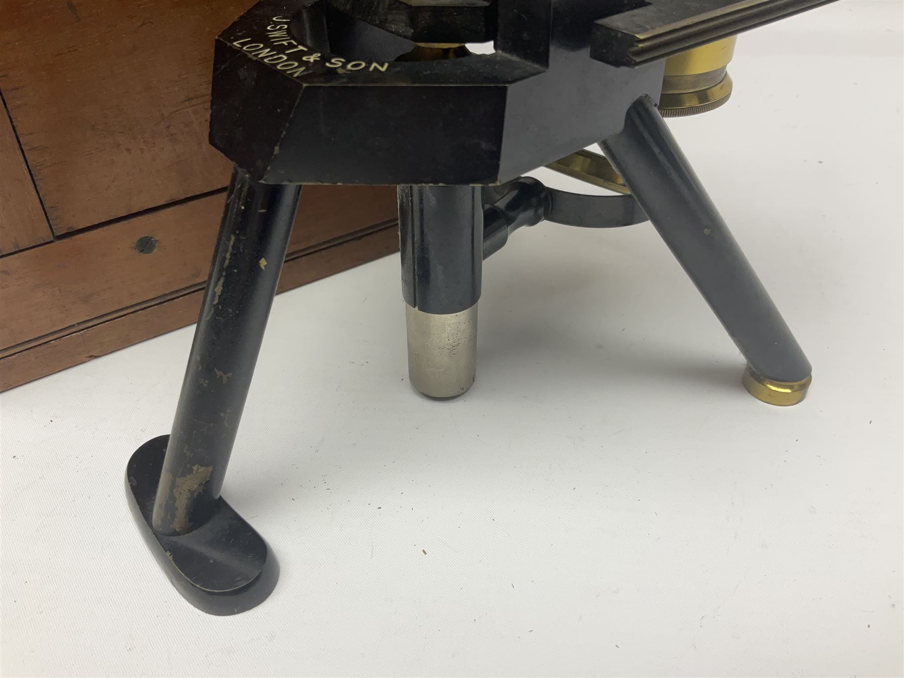 Brass lacquered microscope, by J. Swift & Son, London, in wooden carry cas no 13749, 