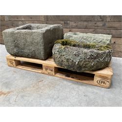 19th century square stone trough, D shaped trough and a small rectangular trough