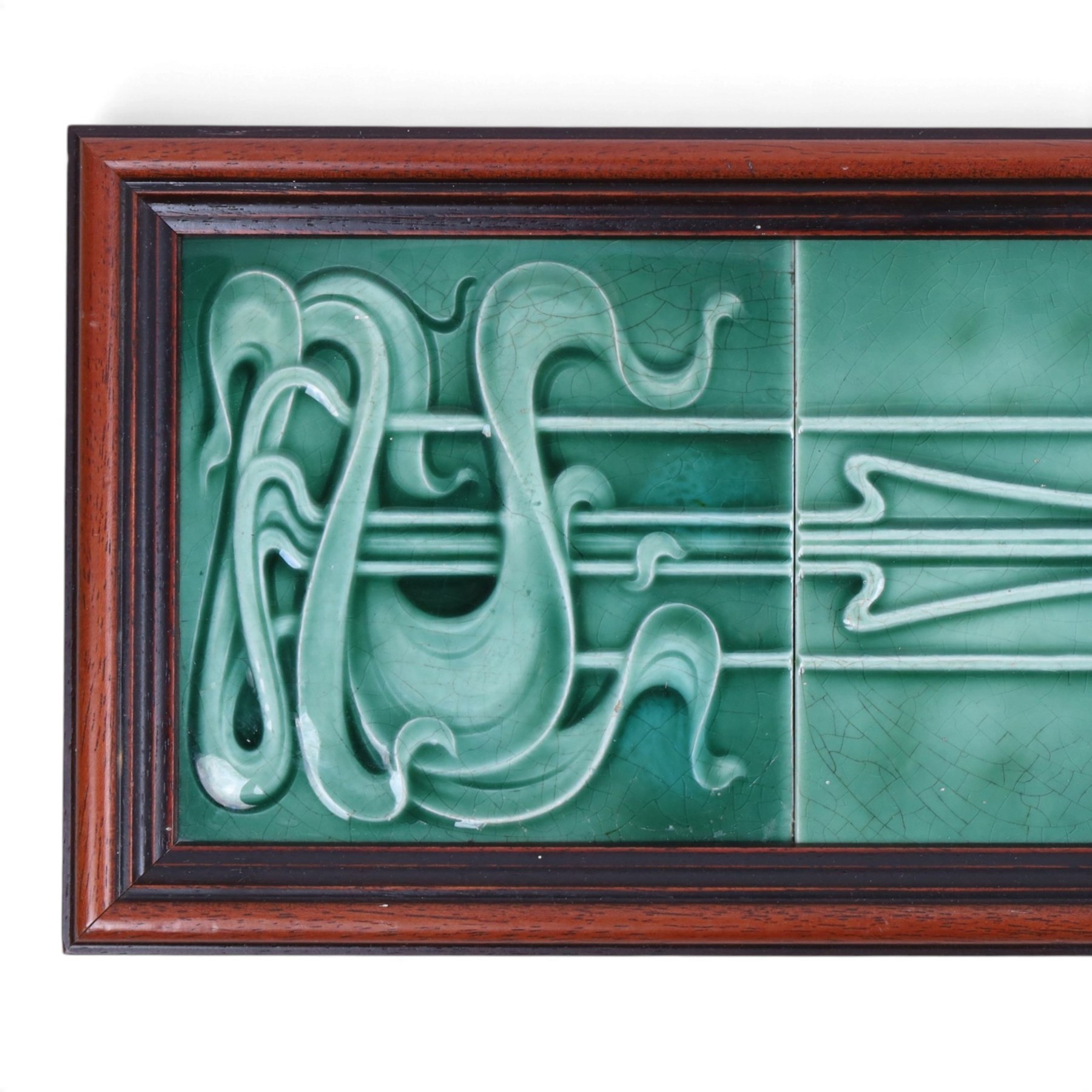 Set of Maw & Co tiles, The Four Seasons: Art Nouveau in style and a similar framed set of five green tiles