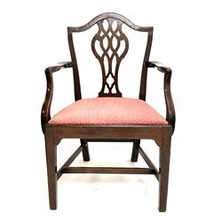Georgian armchair, shaped back, shaped and pierced splat, scrolling arms, upholstered seat, square reeded supports and stretcher