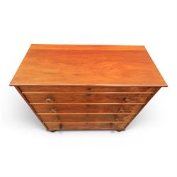 Victorian mahogany chest, with four long  flame mahogany fronted drawers with turned wooden knobs, raised on turned bun feet 
