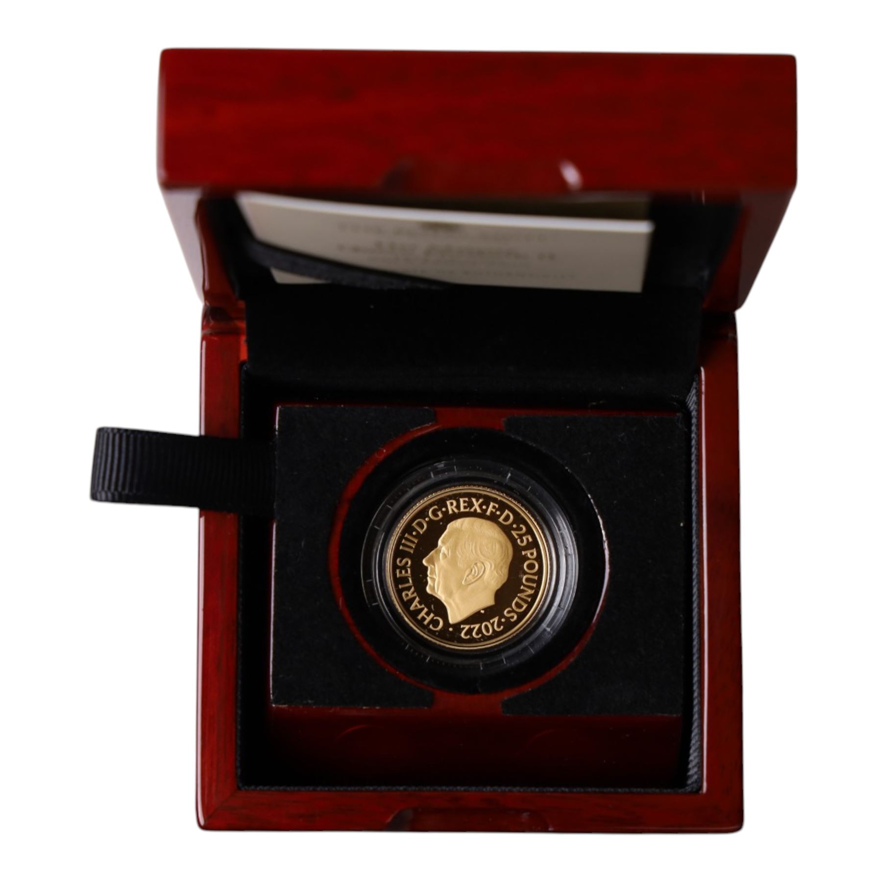 The Royal Mint United Kingdom 2022 'Her Majesty Queen Elizabeth II' quarter ounce fine gold proof twenty five pound coin, cased and boxed with certificate