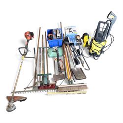 Collection of garden tools along with Ecoh strimmer, Karcher pressure washer and other items.