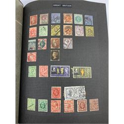 Great British and World stamps in one album including GB Queen Victoria penny black , red MX cancel,  King George VI Ascension, Queen Victoria and later Canada, French Colonies, India, Spain etc