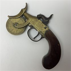 19th Century percussion eprouvette or gunpowder tester, with foliate engraved brass box lock and calibrated ratcheted wheel, steel trigger guard and walnut bag butt, L14cm