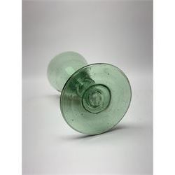 19th century bohemian green glass wine glass, the funnel bowl decorated in enamells with a Historismus hunting scene in the manner of Egermann & Lobmeyr, upon a baluster stem and circular foot, H14.5cm