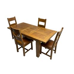 Light oak rectangular extending dining table with leaf (W180cm, D90cm, H79cm); together with four dining chairs
