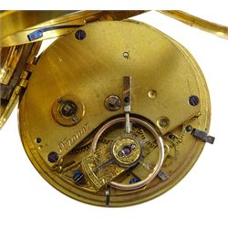 19th century 18ct gold open face lever fusee pocket watch, No. 10007, gilt dial with Roman numerals and subsidiary seconds dial, engine turned case with cartouche by Ralph Samuel, Chester 1850