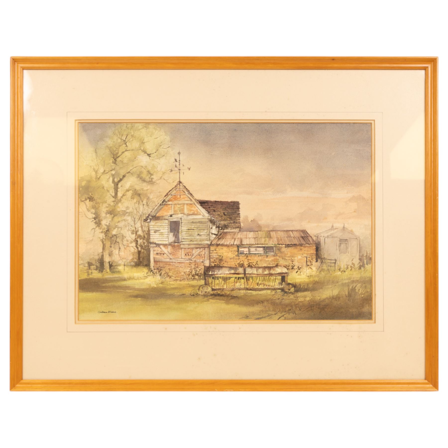 Graham Blaine (British 20th Century): 'Warwickshire Barn', watercolour signed, titled on label verso 24cm x 51cm 