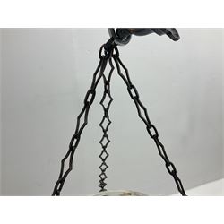 Art Deco style frosted glass marbled fly catcher light shade, suspended by three chains, D31cm