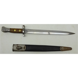  Victorian Bayonet 30cm twin edge steel blade stamped Crown over VR 12 96, Arrow over WD, Crown over 58E X, part wood grip with stuck out stamps and 4-02, leather & steel scabbard, L44cm   