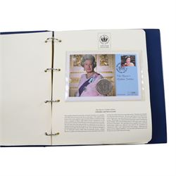 Approximately 104 Royal Mail Royal Mint coin or medallion covers, housed in an official Royal Mail Royal Mint ring binder folder and loose, together with The Queen's Golden Jubilee Coin Cover Collection in two albums, commemorative fifty pences, crowns, etc