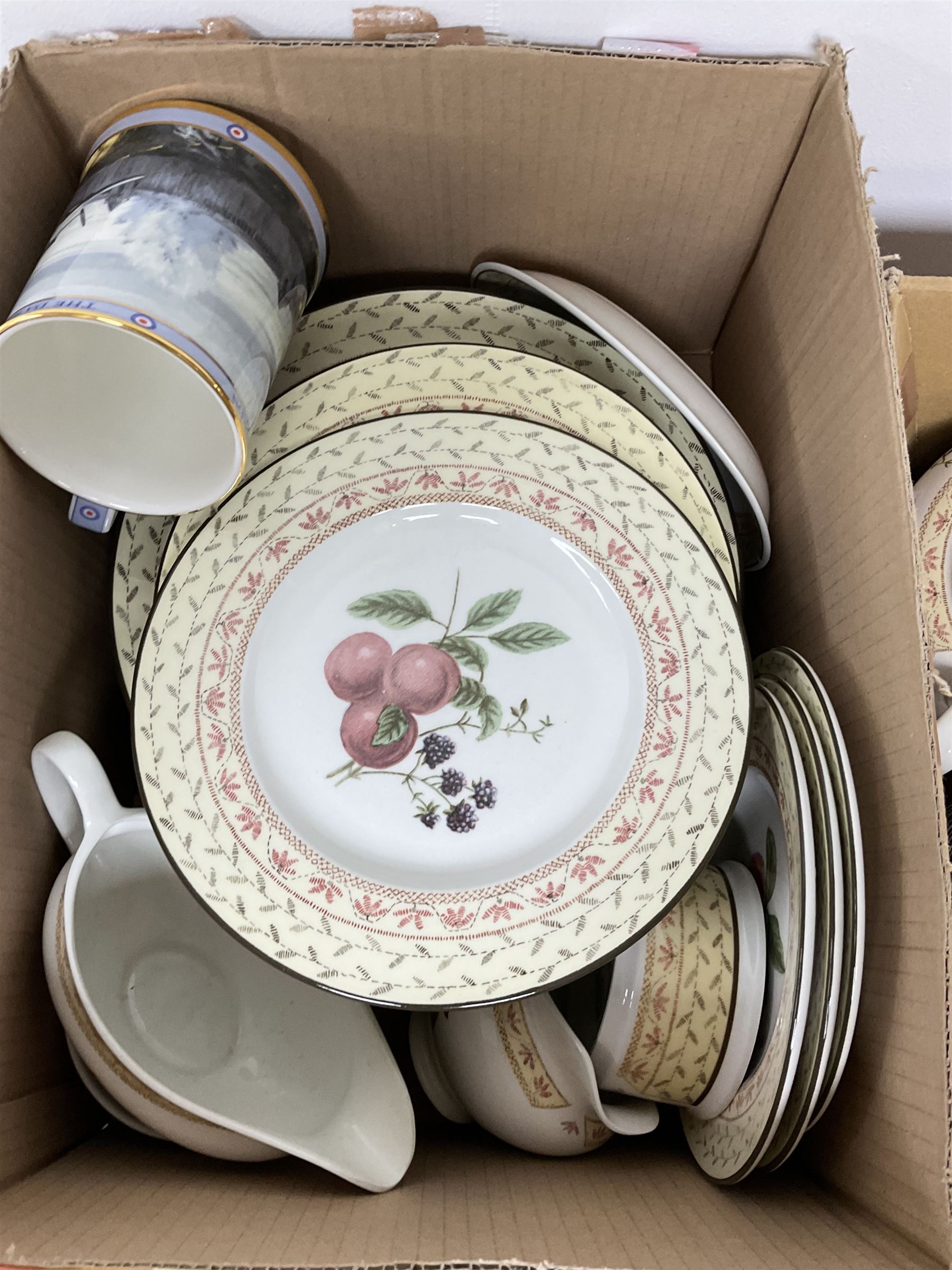 Limited edition Royal Doulton The Dambusters tankard, The Royal Air Force Museum Wings of Destiny tankard with certificate, and further Flying for Victory tankard, Johnson Brothers Fruit Sampler pattern tea and dinnerware, Poole dolphin and other animal figures, other ceramics etc in three boxes