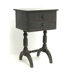  Early 20th century Irish work table, two cockbeaded drawers, rope twist supports joined by single turned stretcher on arched feet, W49cm, H76cm, D42cm  
