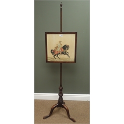  Edwardian mahogany adjustable fire pole, tapestry screen, three splayed supports, H154cm  