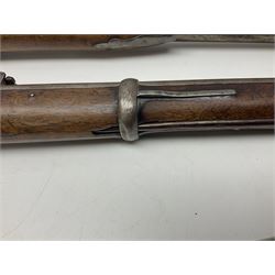 19th century Indian .577 Enfield muzzle loading rifle, proofed for 26-bore, the 98.5cm barrel with three barrel bands and later ram rod L140cm overall; 19th century Belgian side-by-side double barrel percussion shotgun, approximately 20-bore, with 74cm barrels and studded walnut stock, lock plate marked 'Liege 1868' and 'V. Gulikers-Maquinay' L117cm overall; and another side-by-side double barrel shotgun by Smythe with underlever opening (3)