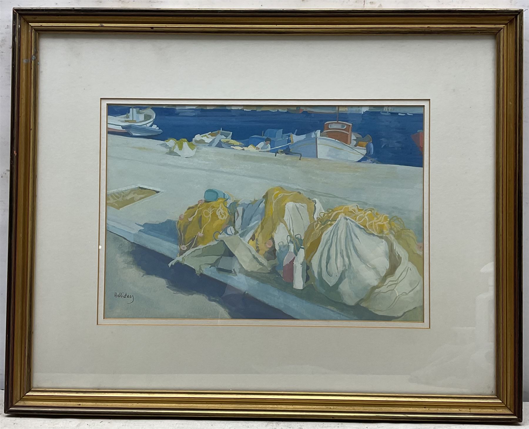 Irene Halliday (Scottish 1931-2023): 'Yellow Nets - Quayside Symi' Greece, gouache signed, titled verso 23.5cm x 35cm 