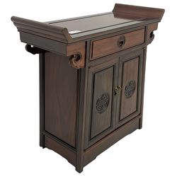 Chinese hardwood altar table, single drawer over double cupboard, two panelled doors carved with Shou motifs 
