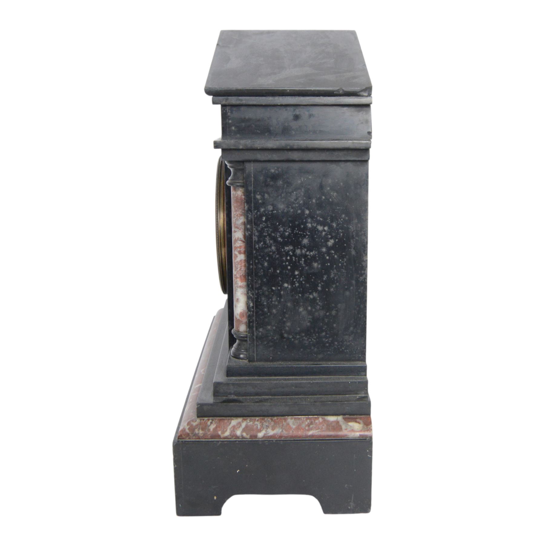 Large Victorian slate and variegated rouge marble architectural mantle clock, with gilded bronze mounts, with eight-day movement, striking a coiled gong, not running 