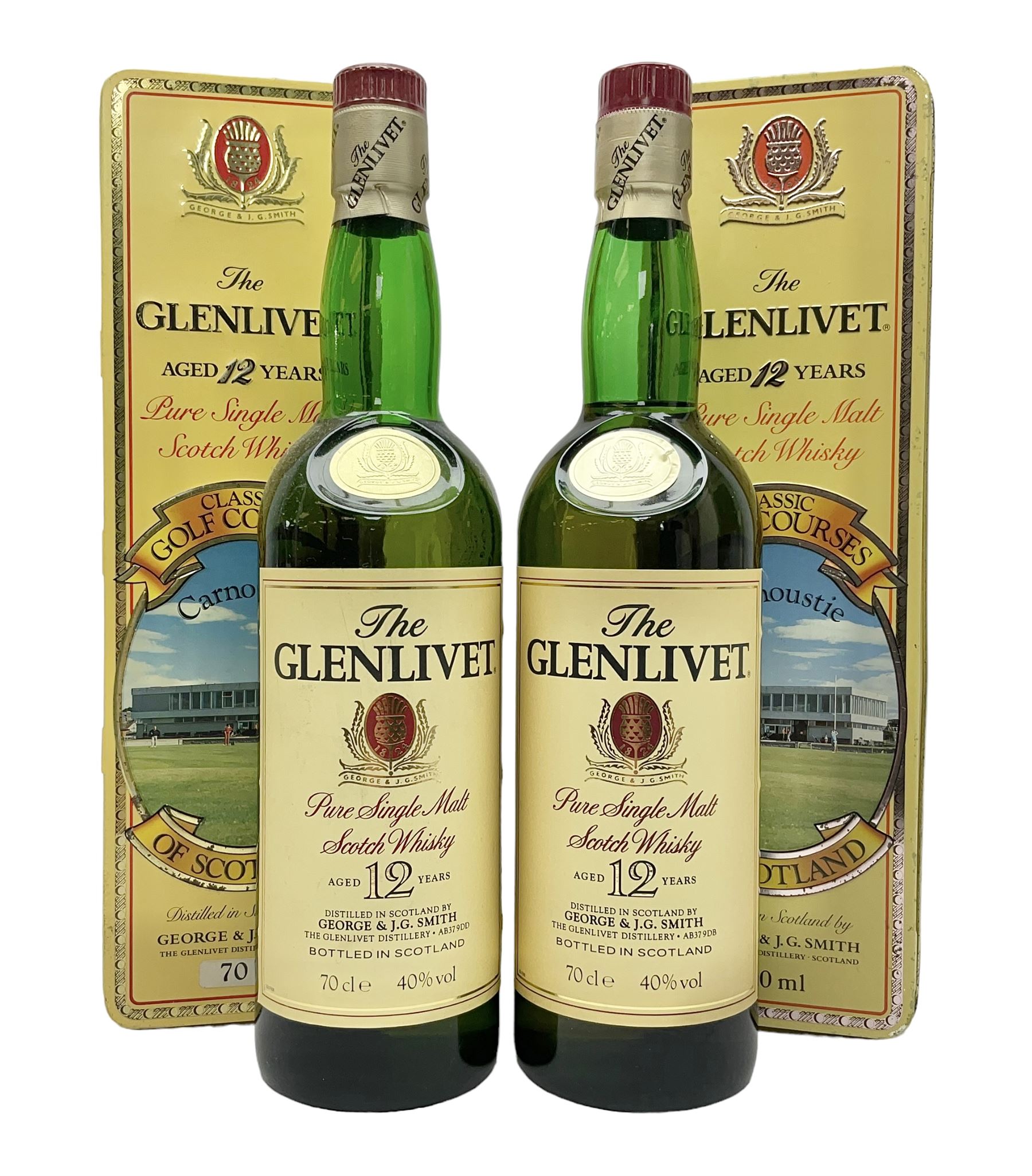 Two Glenlivet 12 year old, single malt Scotch whisky, 700ml 70% vol, each in original Classic Golf Clubs of Scotland Carnoustie presentation tin