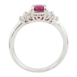 Platinum five stone oval cut Burmese ruby and baguette cut diamond ring, engraved 'PT900 R1.01 0.31', with GIA report