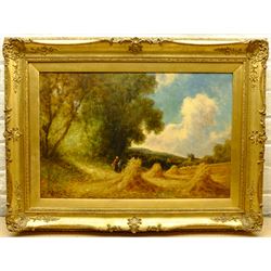 Peter Leslie (British 1877-?): Haytime, oil on canvas signed 40cm x 60cm in swept gilt frame, and a 1970s landscape oil on board 60cm x 50cm (2)