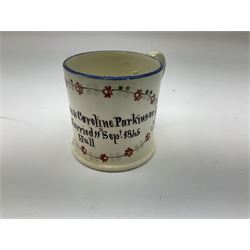  Early Victorian marriage mug for Thomas and Caroline Parkinson dated 11th Sept. 1845 Hull H8cm, similar christening mug for their daughter Hannah Matilda, blue/white transfer printed pot lid with base for Francis Earle, Pharmaceutical Chemist, 22 Market Place, Hull with central study of Holy Trinity Church and clay pipe, the bowl as man's head (4)  