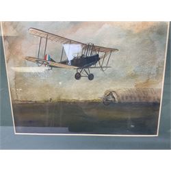 T. Page (early 20th century) - RFC bi-plane in flight over an airfield, bears labels verso 'BE2.B. Dennes Lane R.F.C. Lydd Flying School Oct.1916' and 'Lt. Gerrard R.F.C Lydd 1917 Evening Anti Zeppelin Training Flt. B. Dennes Lane Circum & Bumps', signed watercolour 20.5 x 22.5cm, later mahogany stained frame
