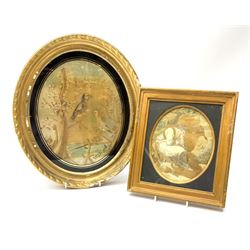 Two George III silk work pictures, the first example depicting a figure with dog by side, in oval mount and gilt frame, overall H29cm L25.5cm, the second larger oval example depicting birds perched upon trees, in gilt oval frame, overall H42cm L36cm.