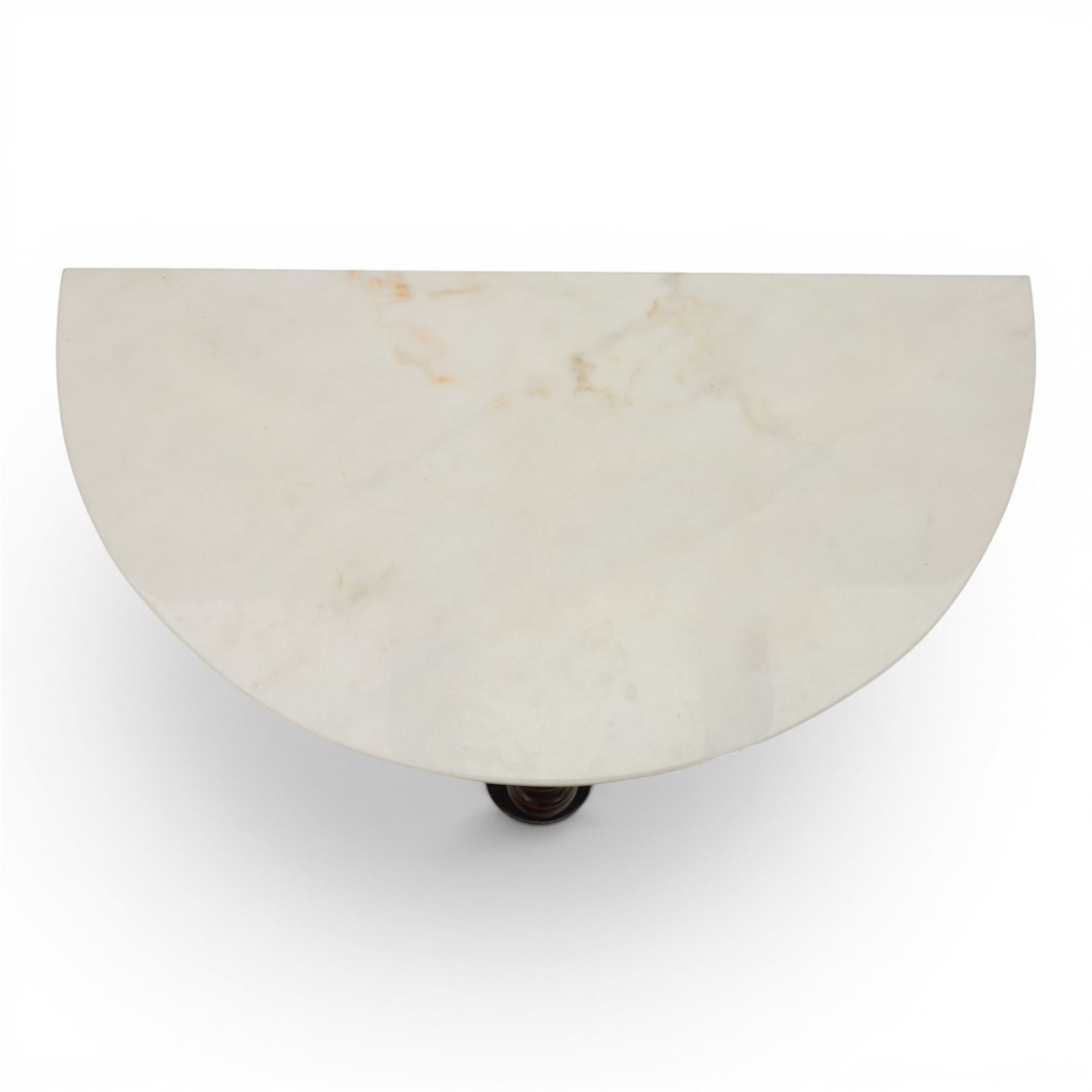Victorian mahogany marble topped demi lune console table, raised on a turned front support, with shaped undertier, raised on castors