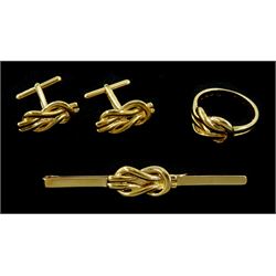 Pair of 9ct gold knot cufflinks, ring and matching tie clip, all hallmarked, approx 16.3gm