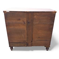 19th century bow front mahogany chest of drawers, rectangular top with moulded edge above an arrangement of two short and three long graduating drawers with turned wooden handles, raised on turned feet
