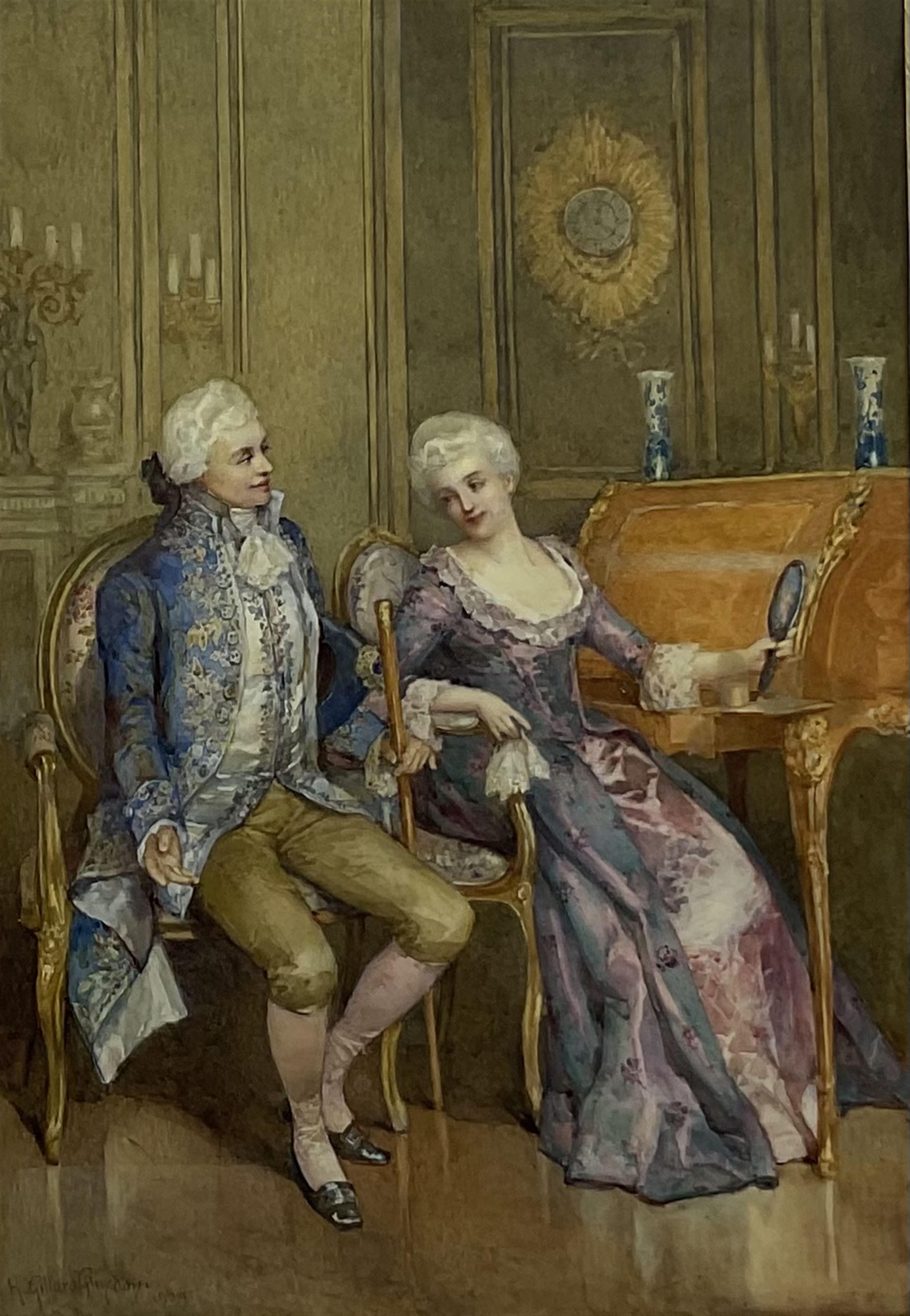 Henry Gillard Glindoni RBA (British 1852-1913): 'Reflections', watercolour signed and dated 1909, 50cm x 34cm