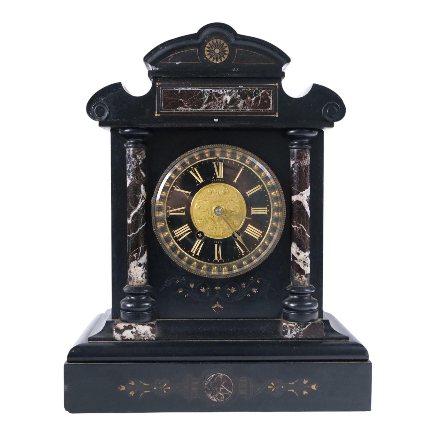 John Cundill Arundel of York eight-day marble-cased mantle clock, with black slate dial and gilt roman numerals, a shaped pediment and recessed marble pillars, H42cm