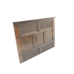 Jacobean style heavily carved oak panel headboard, projecting cornice