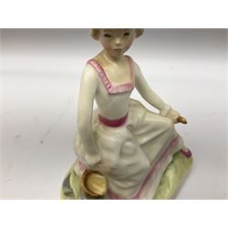 Seven Royal Doulton figures from the Nursery Rhymes Collection comprising, Tom Tom, the piper's son HN3032, Little Jack Horner HN3034, Wee Willie Winkie HN3031, Polly, put the kettle on HN3021, Little Bo-peep HN3030, Little Boy Blue HN3035, Little Miss Muffet HN2727, together with two Royal Doulton Mary had a little lamb figures HN2048 and COPR1948, all with printed marks beneath  