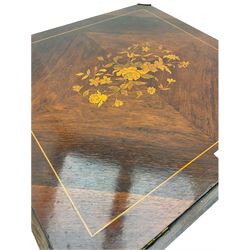 Late 19th/early 20th century rosewood centre table, the shaped drop leaf top inlaid with flower heads and interlacing foliate, boxwood strung, on cabriole supports, fitted with gilt metal cartouche moulded mounts